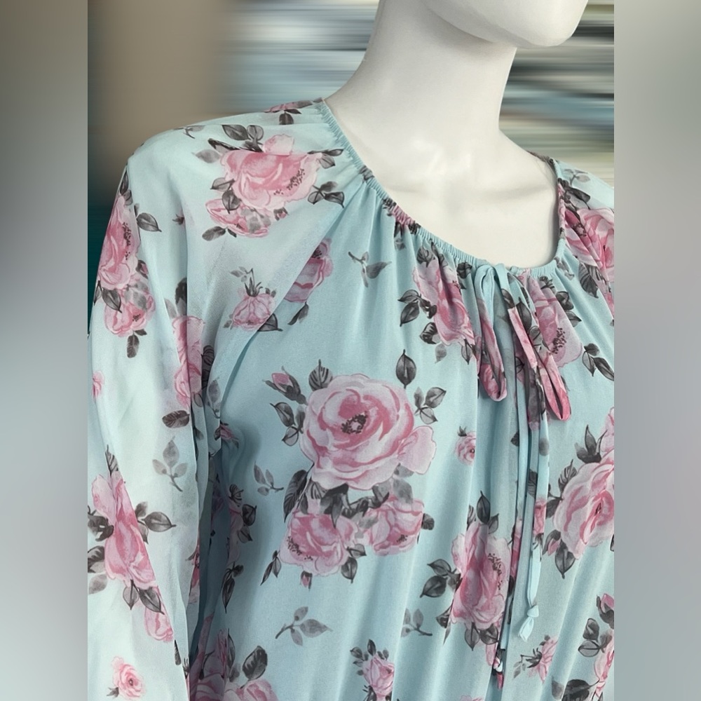 PEACH LOVE CALIFORNIA floral print bodysuit sheer bell sleeve size Large - Picture 8 of 16